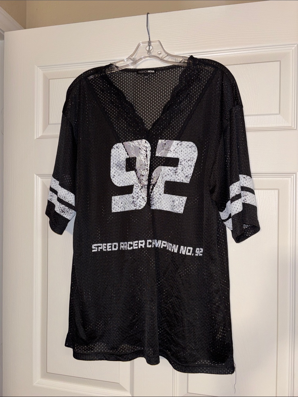 Fashion Nova Black Mesh Racer Graphic Jersey Top